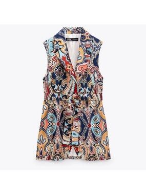 Zara Navy Coral Teal Paisley Sleeveless Wrap Tunic